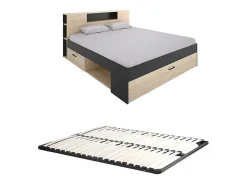 Lit avec tête de lit rangements et tiroirs - 160 x 200 cm - Coloris : Naturel et anthracite + Sommier - LEANDRE>Vente-unique Hot