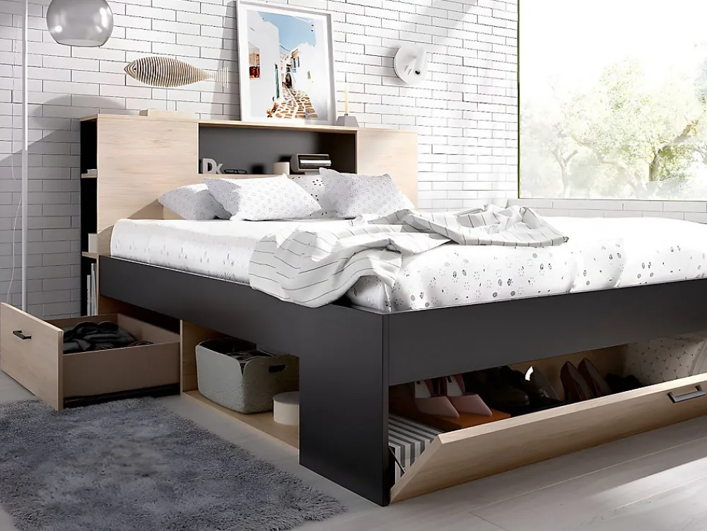 Lit avec tête de lit rangements et tiroirs - 160 x 200 cm - Coloris : Naturel et anthracite + Sommier - LEANDRE>Vente-unique Hot