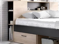Lit avec tête de lit rangements et tiroirs - 160 x 200 cm - Coloris : Naturel et anthracite + Sommier - LEANDRE><noscript><img width=
