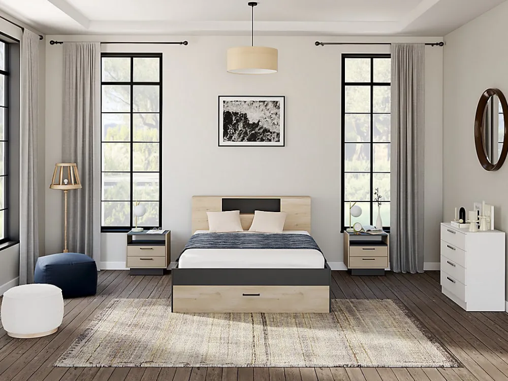 Lit avec tête de lit rangements et tiroirs - 160 x 200 cm - Coloris : Naturel et anthracite + Sommier - LEANDRE>Vente-unique Hot