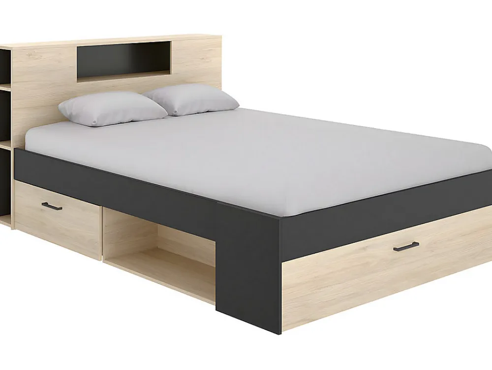 Lit avec tête de lit rangements et tiroirs - 160 x 200 cm - Coloris : Naturel et anthracite + Sommier - LEANDRE>Vente-unique Hot