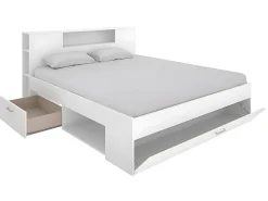 Vente-unique Lit avec tête de lit rangements et tiroirs - 160 x 200 cm - Coloris : Blanc + Sommier - LEANDRE* Lit Avec Rangement