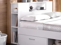 Vente-unique Lit avec tête de lit rangements et tiroirs - 160 x 200 cm - Coloris : Blanc + Sommier - LEANDRE* Lit Avec Rangement