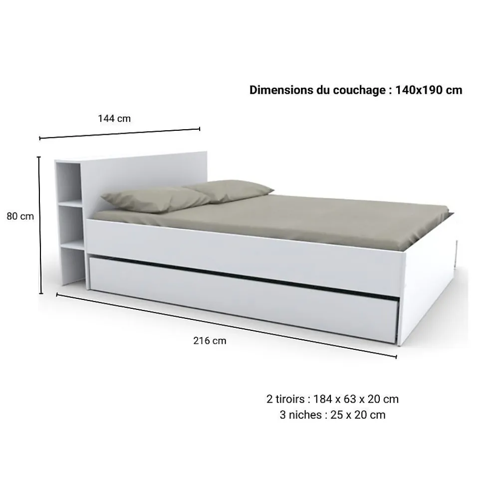 Vente-unique Lit avec tête de lit rangements et tiroirs 140 x 190 cm - Blanc - EUGENE* Lit Avec Rangement