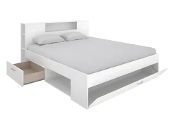 Vente-unique Lit avec tête de lit rangements et tiroirs - 160 x 200cm - Coloris : Blanc - LEANDRE* Lit Avec Rangement