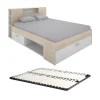 Lit avec tête de lit rangements et tiroirs - 160 x 200 cm - Coloris : Naturel et blanc + Sommier - LEANDRE>Vente-unique Discount