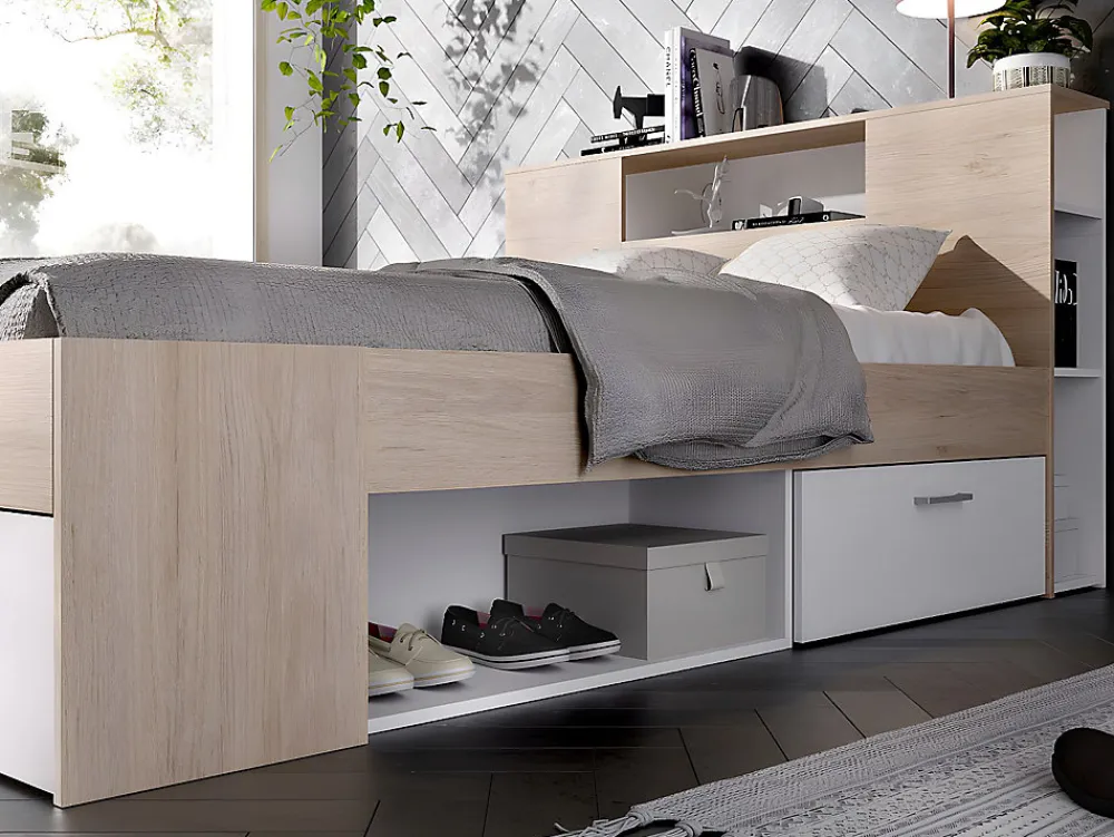 Lit avec tête de lit rangements et tiroirs - 160 x 200 cm - Coloris : Naturel et blanc + Sommier - LEANDRE>Vente-unique Discount