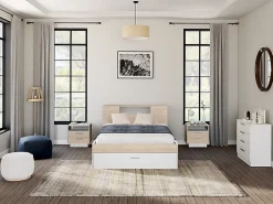 Lit avec tête de lit rangements et tiroirs - 160 x 200 cm - Coloris : Naturel et blanc + Sommier - LEANDRE><noscript><img width=