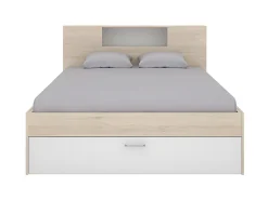 Lit avec tête de lit rangements et tiroirs - 160 x 200 cm - Coloris : Naturel et blanc + Sommier - LEANDRE><noscript><img width=