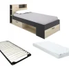 Lit avec tête de lit rangements et tiroir - 90 x 190 cm - Anthracite et naturel + matelas + sommier - LEANDRE>Vente-unique New