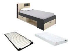 Lit avec tête de lit rangements et tiroir - 90 x 190 cm - Anthracite et naturel + matelas + sommier - LEANDRE>Vente-unique New