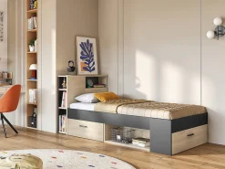 Lit avec tête de lit rangements et tiroir - 90 x 190 cm - Anthracite et naturel + matelas + sommier - LEANDRE><noscript><img width=