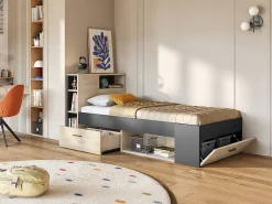 Lit avec tête de lit rangements et tiroir - 90 x 190 cm - Anthracite et naturel + matelas + sommier - LEANDRE><noscript><img width=