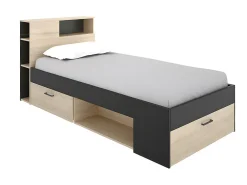 Lit avec tête de lit rangements et tiroir - 90 x 190 cm - Anthracite et naturel + matelas + sommier - LEANDRE><noscript><img width=