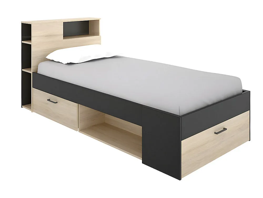 Lit avec tête de lit rangements et tiroir - 90 x 190 cm - Anthracite et naturel + matelas + sommier - LEANDRE>Vente-unique New