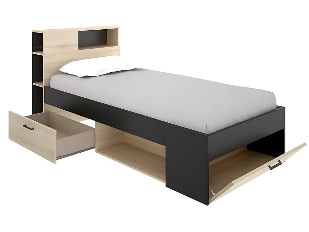 Lit avec tête de lit rangements et tiroir - 90 x 190 cm - Anthracite et naturel + matelas + sommier - LEANDRE>Vente-unique New