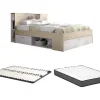Lit avec tête de lit rangements et tiroirs - 140 x 190 cm - Coloris : Naturel et blanc + Sommier + Matelas - LEANDRE>Vente-unique Clearance