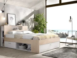 Lit avec tête de lit rangements et tiroirs - 140 x 190 cm - Coloris : Naturel et blanc + Sommier + Matelas - LEANDRE><noscript><img width=