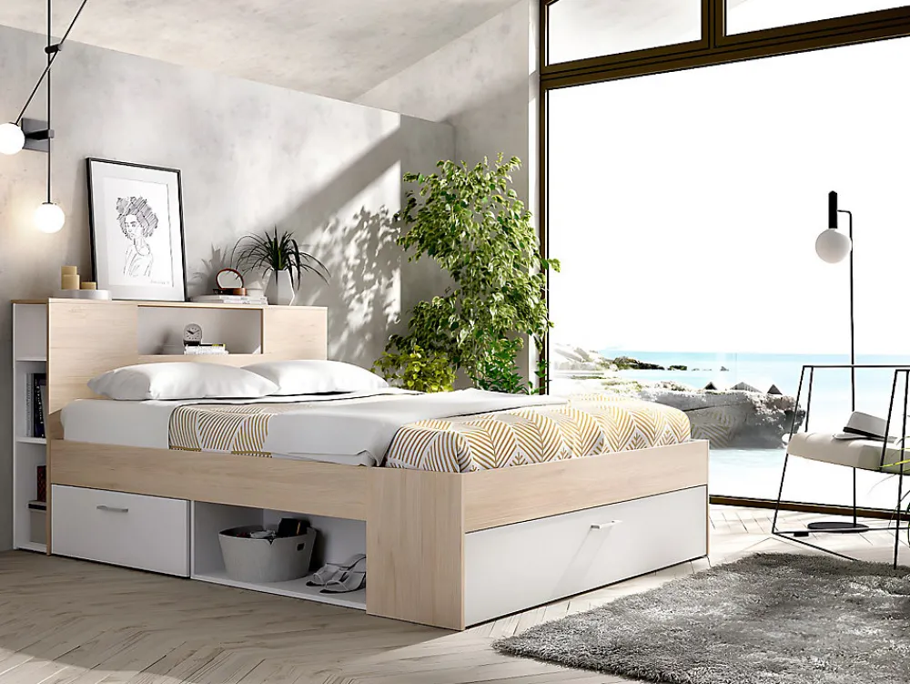 Lit avec tête de lit rangements et tiroirs - 140 x 190 cm - Coloris : Naturel et blanc + Sommier + Matelas - LEANDRE>Vente-unique Clearance