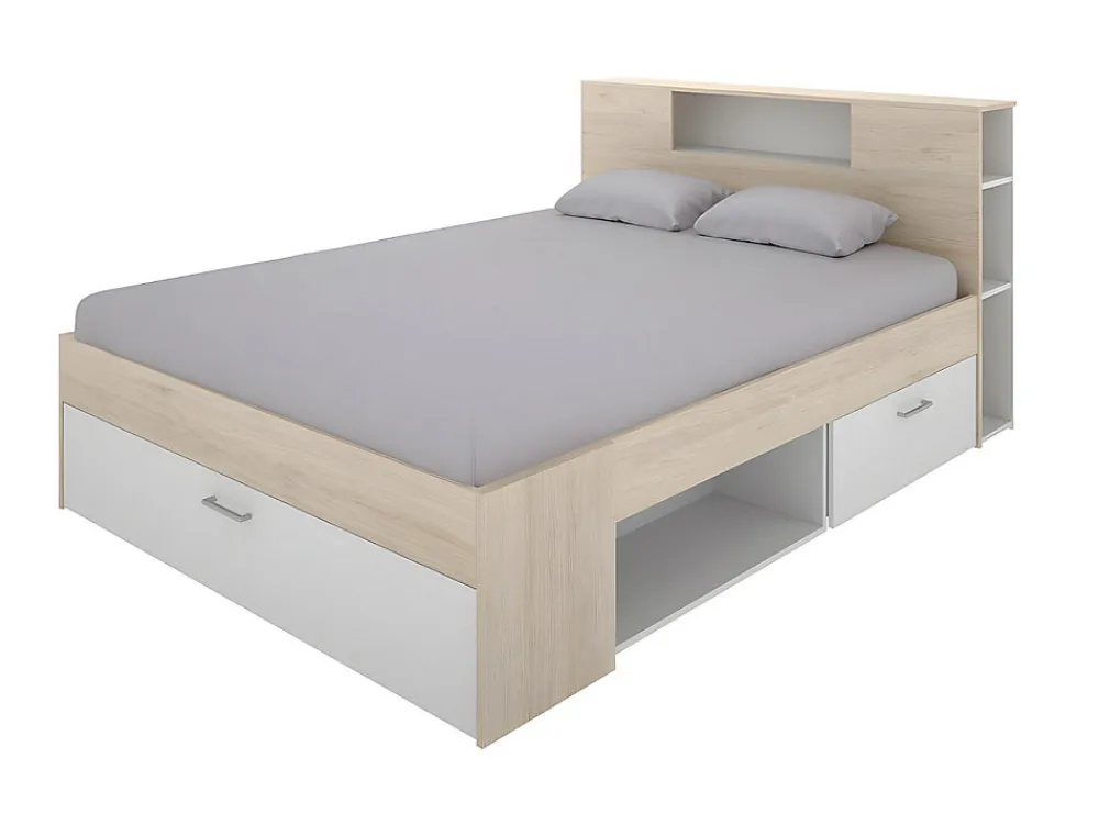 Lit avec tête de lit rangements et tiroirs - 140 x 190 cm - Coloris : Naturel et blanc + Sommier + Matelas - LEANDRE>Vente-unique Clearance