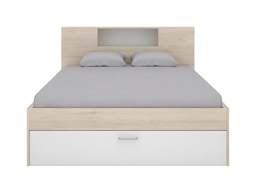 Lit avec tête de lit rangements et tiroirs - 140 x 190 cm - Coloris : Naturel et blanc + Sommier + Matelas - LEANDRE>Vente-unique Clearance