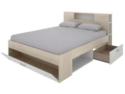 Lit avec tête de lit rangements et tiroirs - 140 x 190 cm - Coloris : Naturel et blanc + Sommier + Matelas - LEANDRE><noscript><img width=