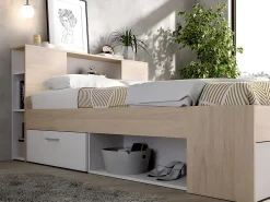 Lit avec tête de lit rangements et tiroirs - 140 x 190 cm - Coloris : Naturel et blanc + Sommier + Matelas - LEANDRE><noscript><img width=