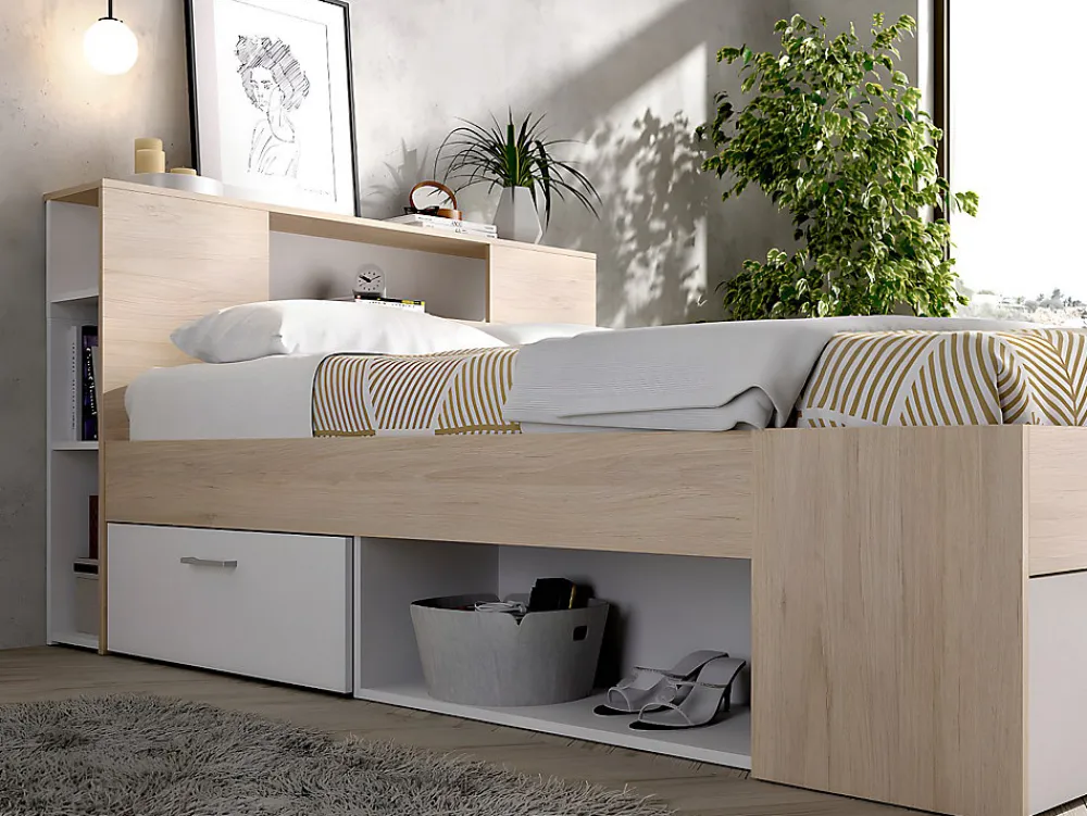 Lit avec tête de lit rangements et tiroirs - 140 x 190 cm - Coloris : Naturel et blanc + Sommier + Matelas - LEANDRE>Vente-unique Clearance