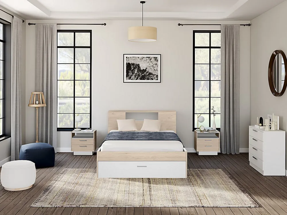 Lit avec tête de lit rangements et tiroirs - 140 x 190 cm - Coloris : Naturel et blanc + Sommier + Matelas - LEANDRE>Vente-unique Clearance