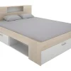 Lit avec tête de lit rangements et tiroirs - 140 x 190 cm - Coloris : Naturel et blanc - LEANDRE>Vente-unique Clearance