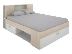 Lit avec tête de lit rangements et tiroirs - 140 x 190 cm - Coloris : Naturel et blanc - LEANDRE>Vente-unique Clearance