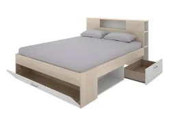 Lit avec tête de lit rangements et tiroirs - 140 x 190 cm - Coloris : Naturel et blanc - LEANDRE><noscript><img width=