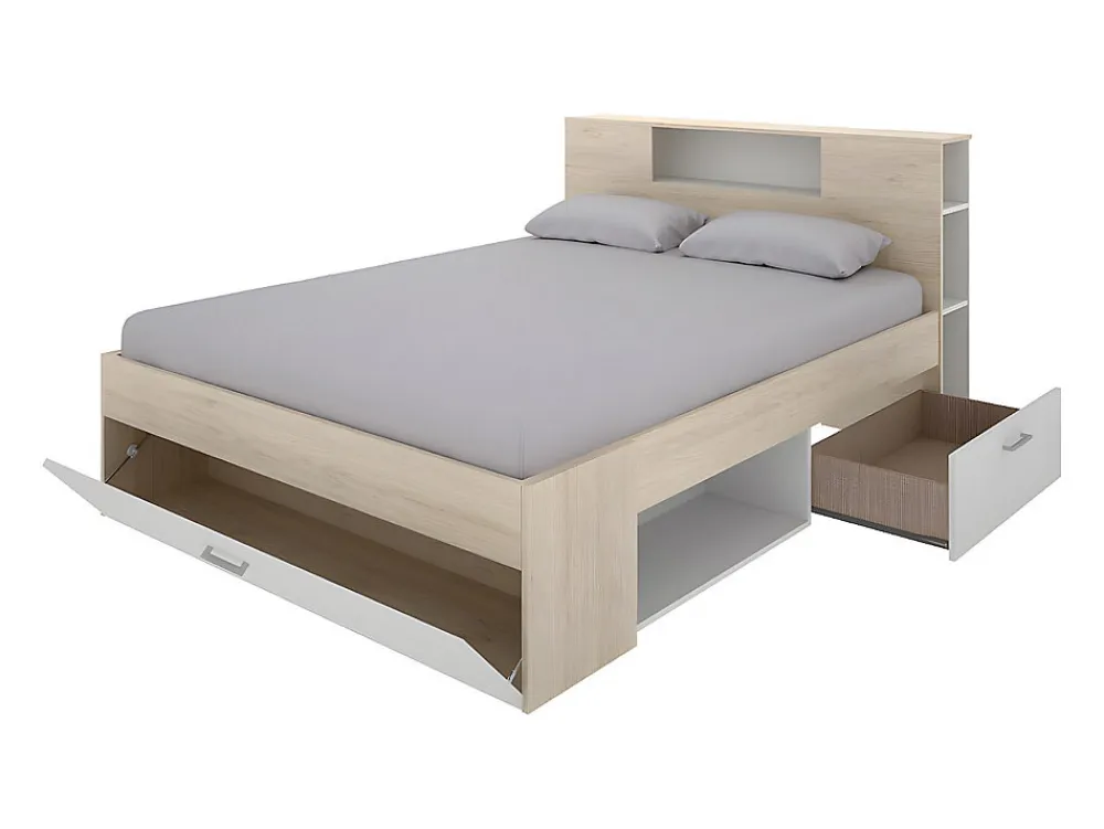 Lit avec tête de lit rangements et tiroirs - 140 x 190 cm - Coloris : Naturel et blanc - LEANDRE>Vente-unique Clearance