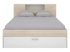 Lit avec tête de lit rangements et tiroirs - 140 x 190 cm - Coloris : Naturel et blanc - LEANDRE><noscript><img width=