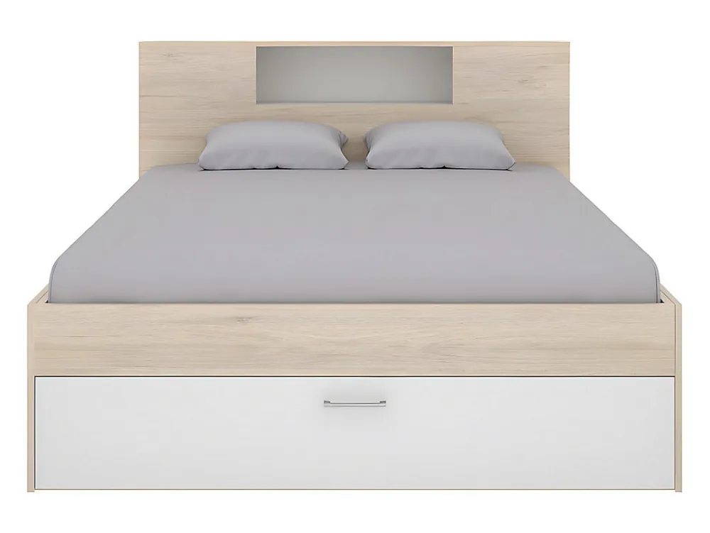 Lit avec tête de lit rangements et tiroirs - 140 x 190 cm - Coloris : Naturel et blanc - LEANDRE>Vente-unique Clearance
