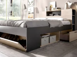 Vente-unique Lit avec tête de lit rangements et tiroirs - 140 x 190 cm - Coloris : Naturel et anthracite + Sommier + Matelas - LEANDRE* Lit Avec Rangement