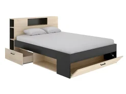 Vente-unique Lit avec tête de lit rangements et tiroirs - 140 x 190 cm - Coloris : Naturel et anthracite + Sommier + Matelas - LEANDRE* Lit Avec Rangement