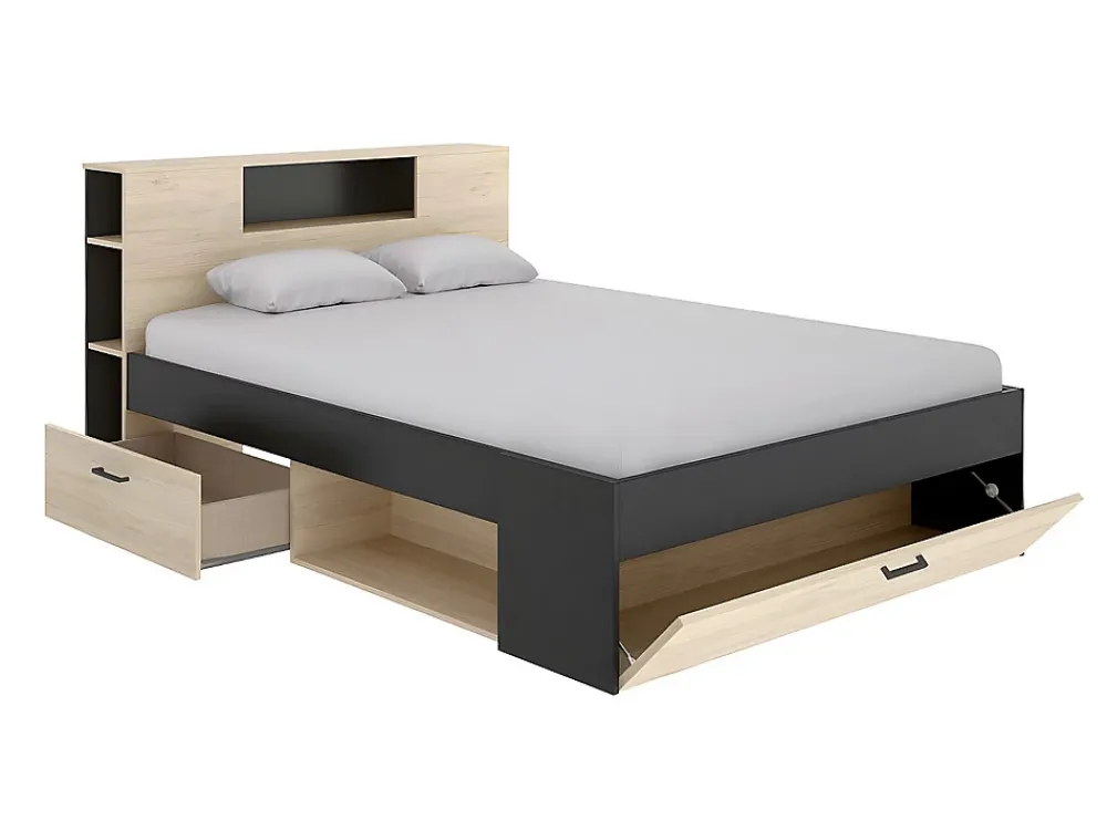 Vente-unique Lit avec tête de lit rangements et tiroirs - 140 x 190 cm - Coloris : Naturel et anthracite + Sommier + Matelas - LEANDRE* Lit Avec Rangement