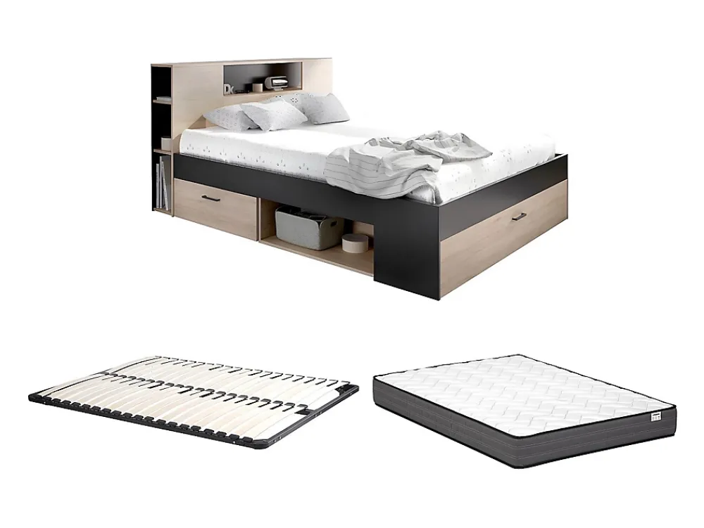 Vente-unique Lit avec tête de lit rangements et tiroirs - 140 x 190 cm - Coloris : Naturel et anthracite + Sommier + Matelas - LEANDRE* Lit Avec Rangement