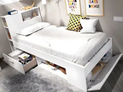 Vente-unique Lit avec tête de lit rangements et tiroir - 90 x 190 cm - Blanc - LEANDRE* Lit Avec Rangement