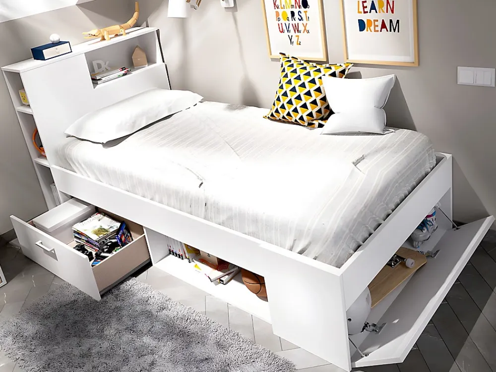 Vente-unique Lit avec tête de lit rangements et tiroir - 90 x 190 cm - Blanc - LEANDRE* Lit Avec Rangement