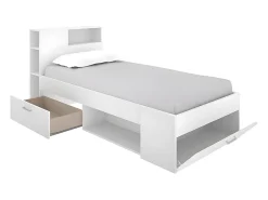 Vente-unique Lit avec tête de lit rangements et tiroir - 90 x 190 cm - Blanc - LEANDRE* Lit Avec Rangement