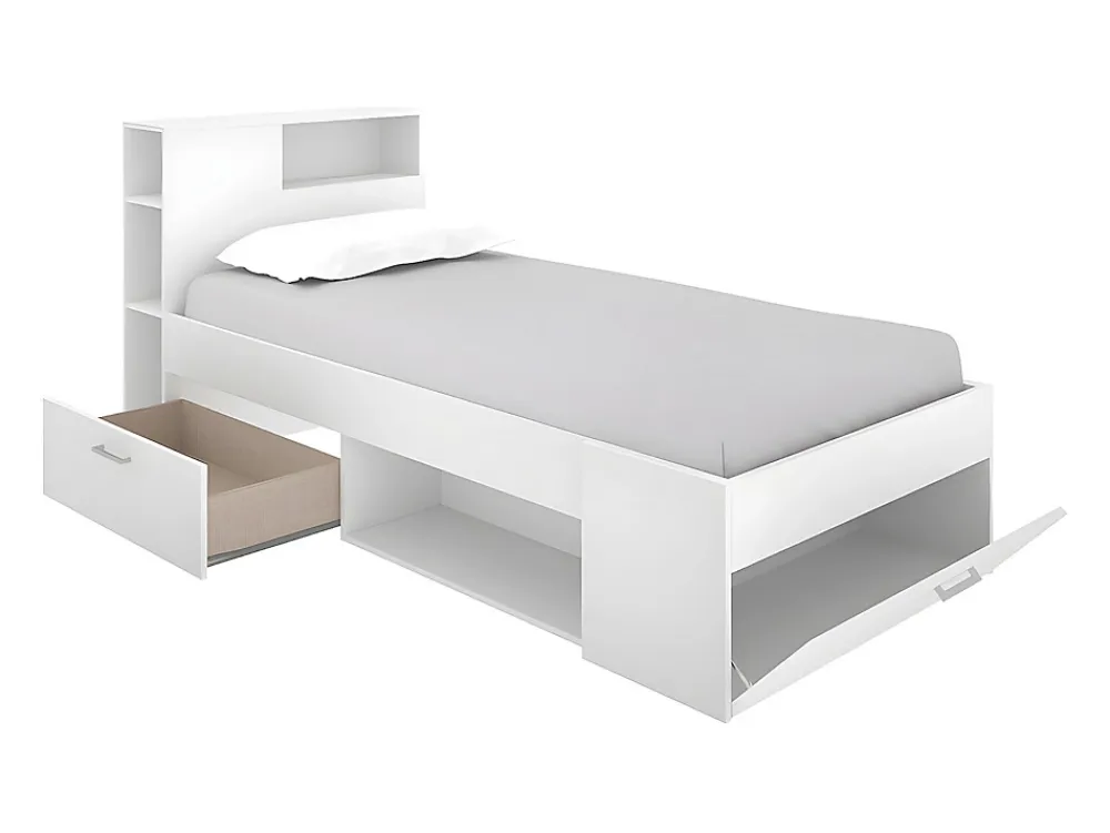Vente-unique Lit avec tête de lit rangements et tiroir - 90 x 190 cm - Blanc - LEANDRE* Lit Avec Rangement