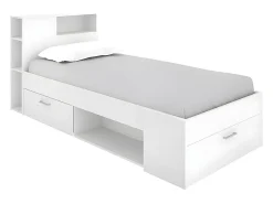 Vente-unique Lit avec tête de lit rangements et tiroir - 90 x 190 cm - Blanc - LEANDRE* Lit Avec Rangement