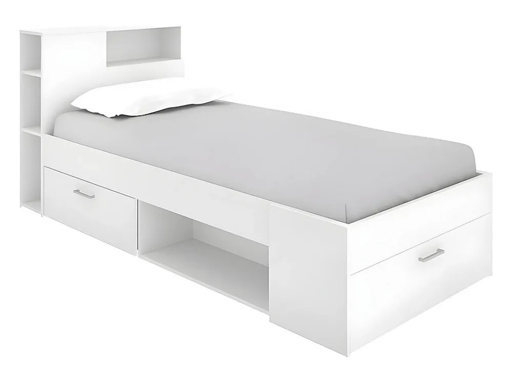 Vente-unique Lit avec tête de lit rangements et tiroir - 90 x 190 cm - Blanc - LEANDRE* Lit Avec Rangement