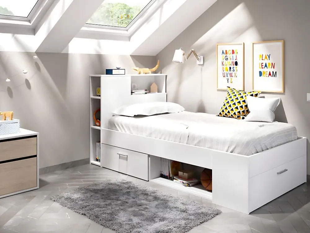 Vente-unique Lit avec tête de lit rangements et tiroir - 90 x 190 cm - Blanc - LEANDRE* Lit Avec Rangement