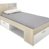 Lit avec tête de lit rangements et tiroir - 90 x 190 cm - Blanc et Naturel - LEANDRE>Vente-unique Clearance