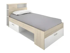 Lit avec tête de lit rangements et tiroir - 90 x 190 cm - Blanc et Naturel - LEANDRE>Vente-unique Clearance