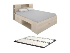Lit avec tête de lit rangements et tiroirs - 140 x 190 cm - Coloris : Naturel + Sommier - LEANDRE>Vente-unique Hot