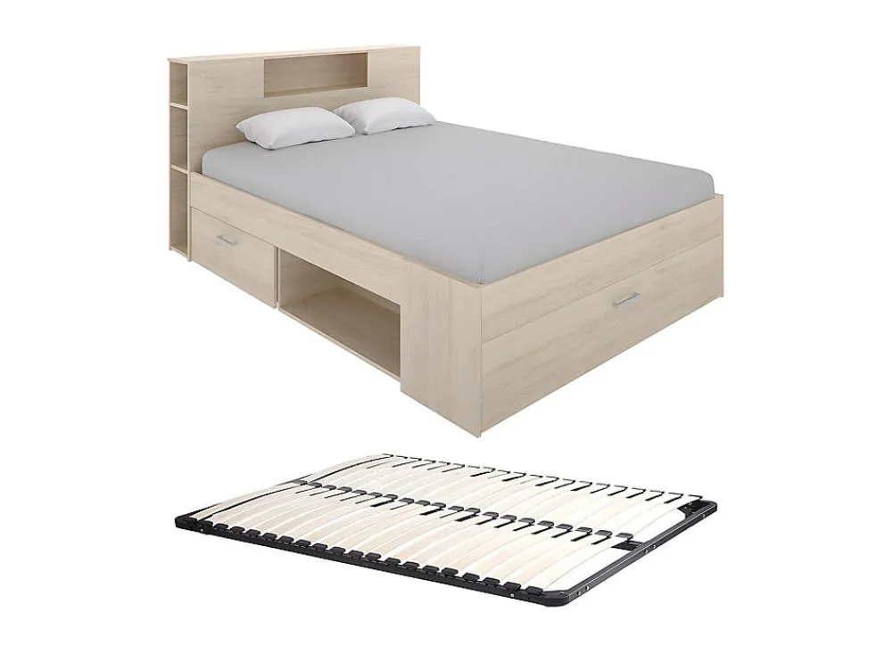 Lit avec tête de lit rangements et tiroirs - 140 x 190 cm - Coloris : Naturel + Sommier - LEANDRE>Vente-unique Hot